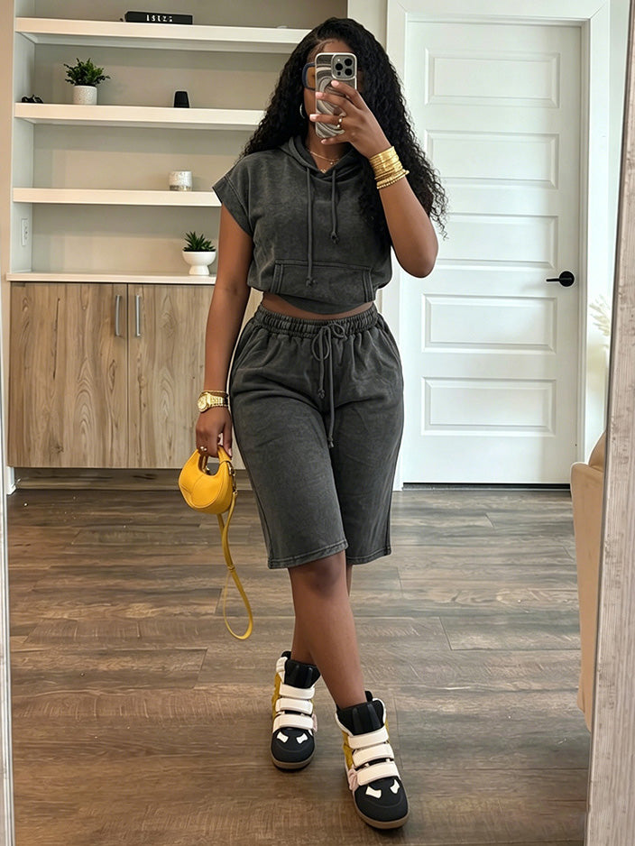 Washed Sleeveless Hoodie & Shorts Set