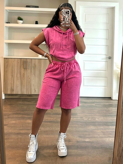 Washed Sleeveless Hoodie & Shorts Set