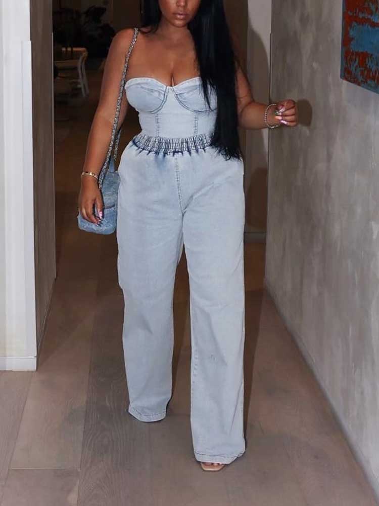 Denim Tube Top Wide Leg Pants Sets - ECHOINE