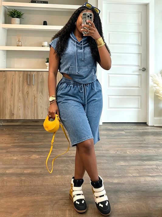 Washed Sleeveless Hoodie & Shorts Set