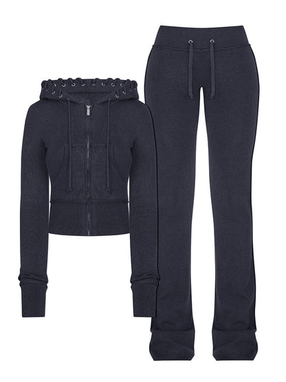 Contrast Lacing Hood & Flare Pants Set