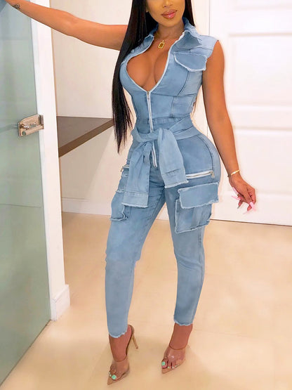 Sleeveless Cargo Denim Jumpsuit - ECHOINE