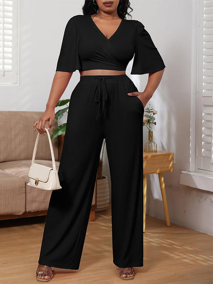 V-Neck Top Drawstring Pants Set - ECHOINE