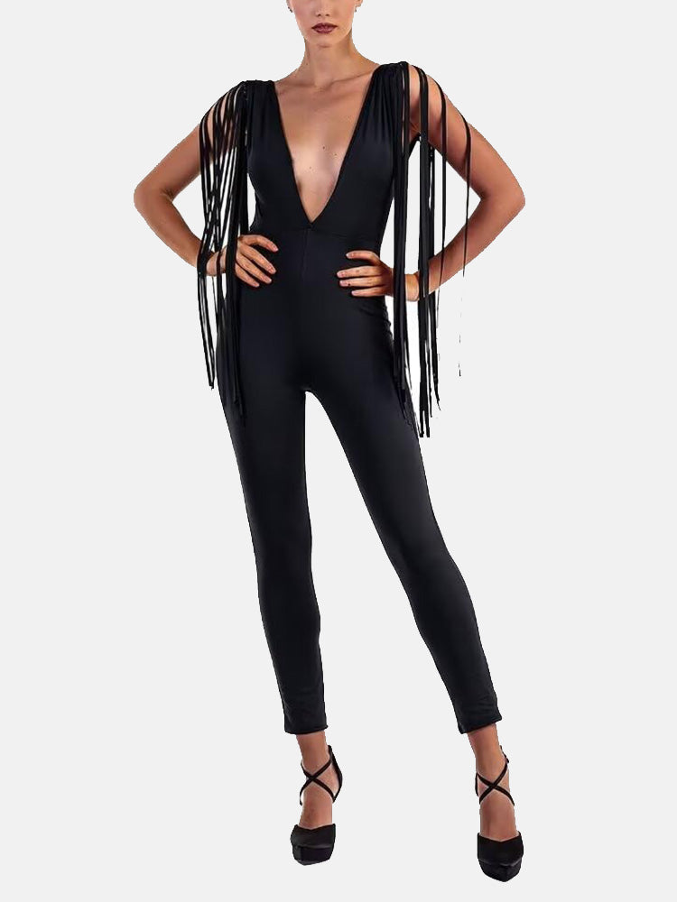 V-neck Tassel Bodycon Jumpsuit