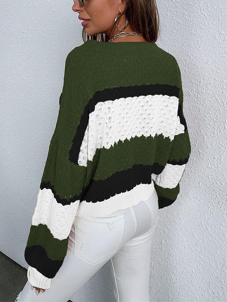 Colorblock Lantern Sleeve Sweater - ECHOINE