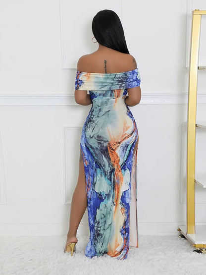 Off Shoulder Colorful Split Dress