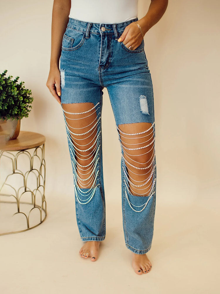 Rhinestone Chain Jeans - ECHOINE