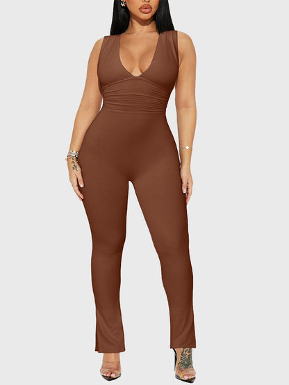 V Neck Ruched Bodycon Jumpsuit - ECHOINE