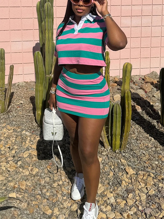 Striped Polo & Skirt Set
