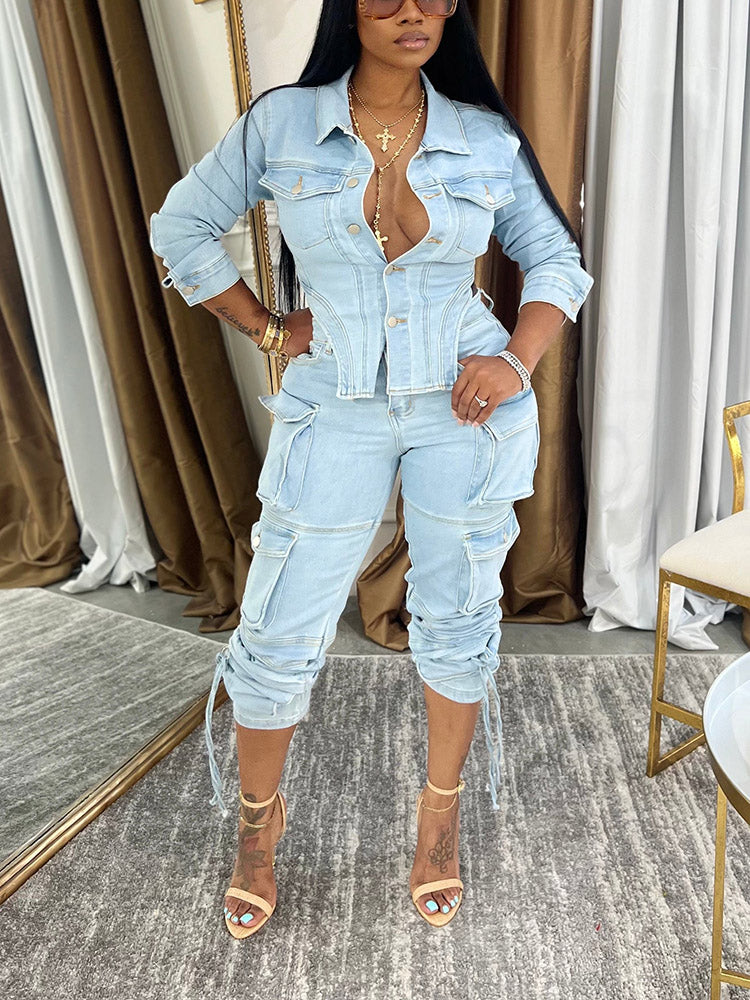 Denim Asymmetrical Jacket & Cargo Jeans Set