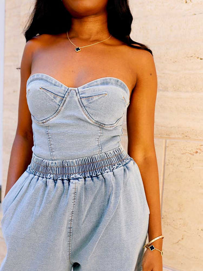 Denim Tube Top Wide Leg Pants Sets - ECHOINE