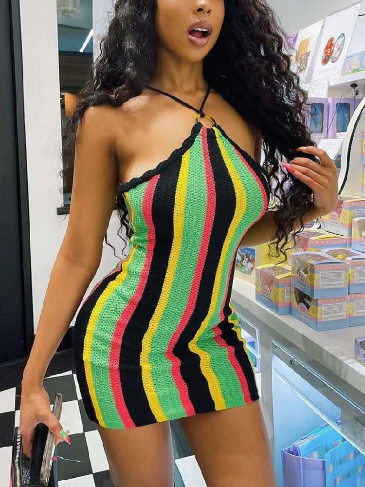 Halter Crochet Striped Mini Dress