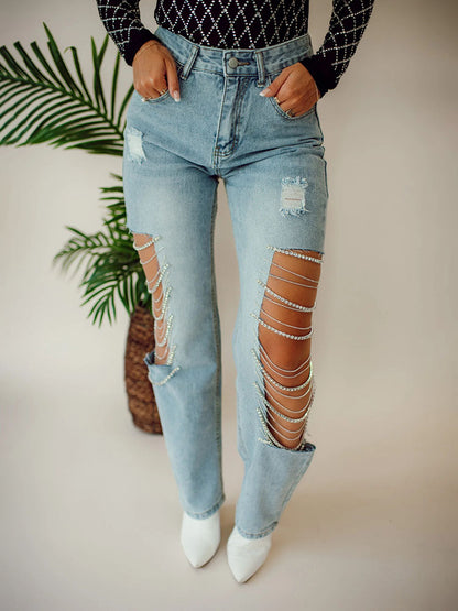 Rhinestone Chain Jeans - ECHOINE