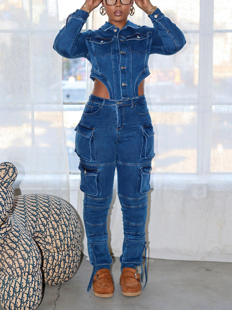 Denim Asymmetrical Jacket & Cargo Jeans Set