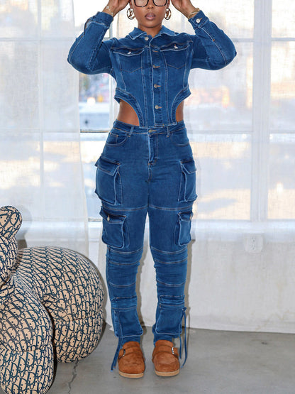 Denim Asymmetrical Jacket & Cargo Jeans Set