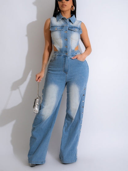 Snap It Out Wide Denim Jumpsuit