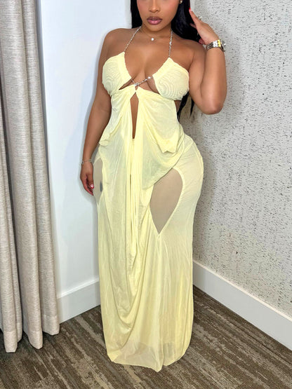 Ethereal Draped Mesh Maxi Dress