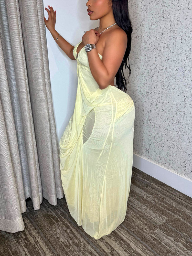Ethereal Draped Mesh Maxi Dress