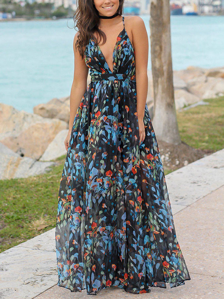 V-Neck Floral Backless Chiffon Dress