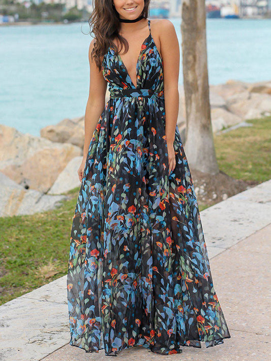 V-Neck Floral Backless Chiffon Dress