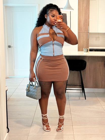 Colorblock Halter Top & Mini Skirt Set