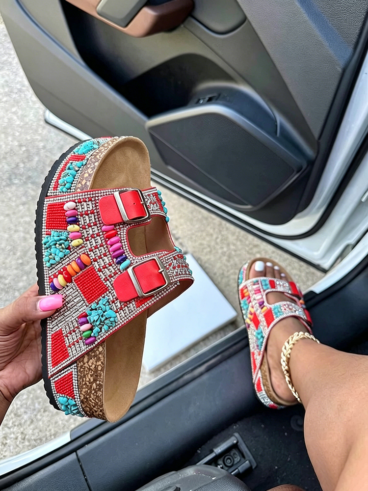 Boho Beaded Double Strap Platform Sandals