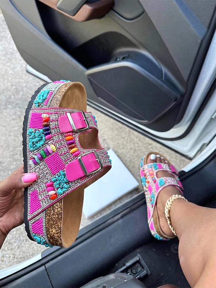 Boho Beaded Double Strap Platform Sandals