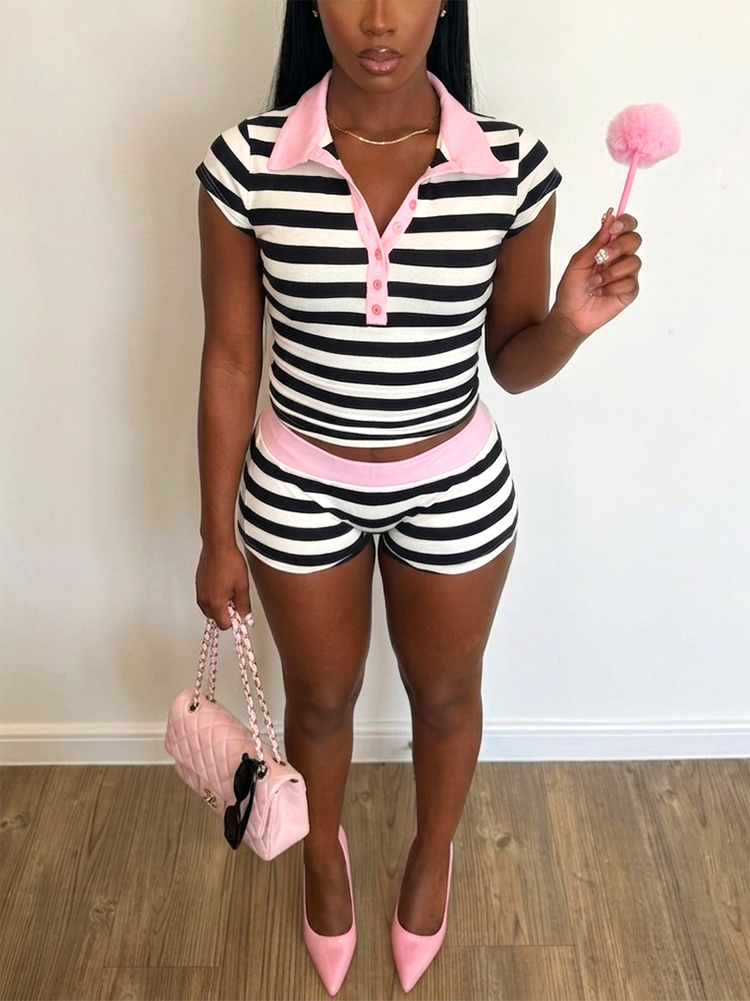 Stripe Polo Top & Shorts Set