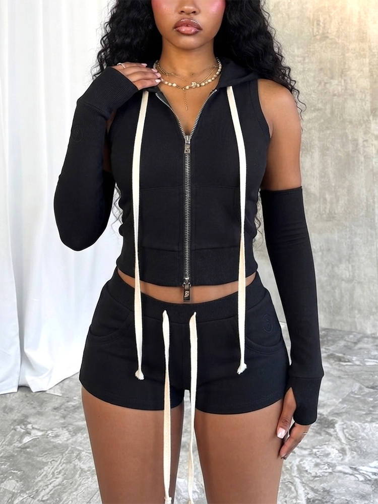 Active Hoodie Short Set with Arm Sleeves
