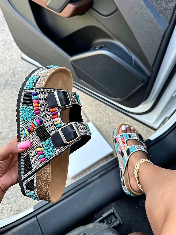 Boho Beaded Double Strap Platform Sandals