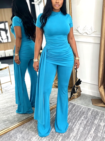 Ruched Draped Top & Flare Pants Set