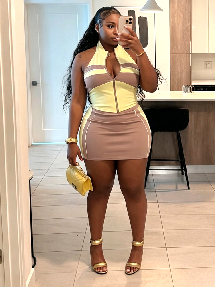Colorblock Halter Top & Mini Skirt Set