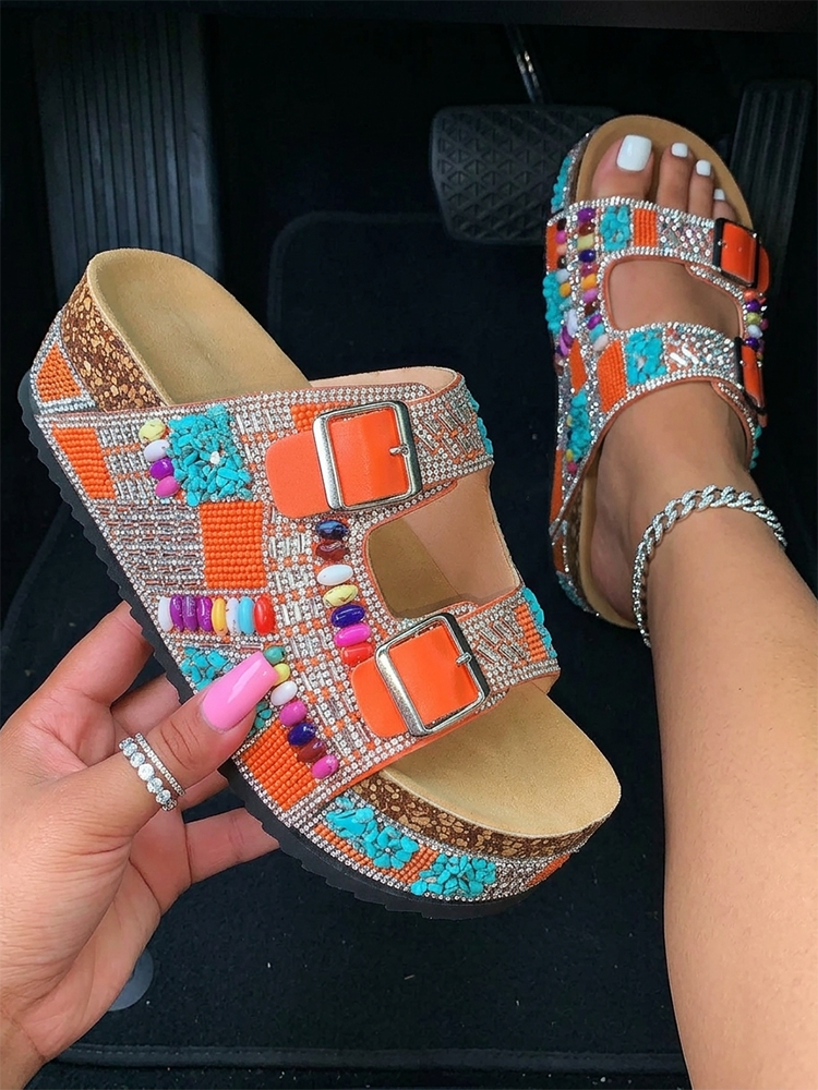Boho Beaded Double Strap Platform Sandals