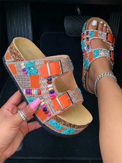 Boho Beaded Double Strap Platform Sandals
