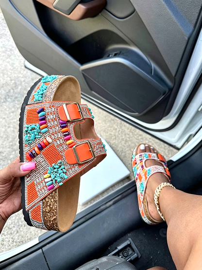 Boho Beaded Double Strap Platform Sandals