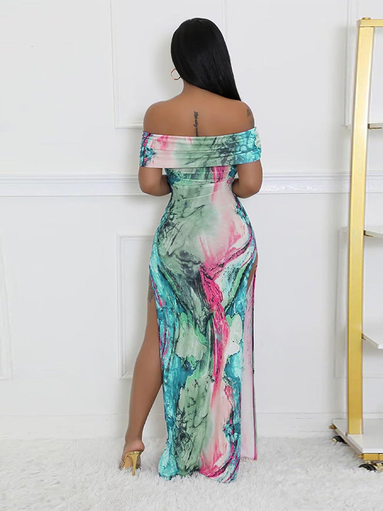 Off Shoulder Colorful Split Dress