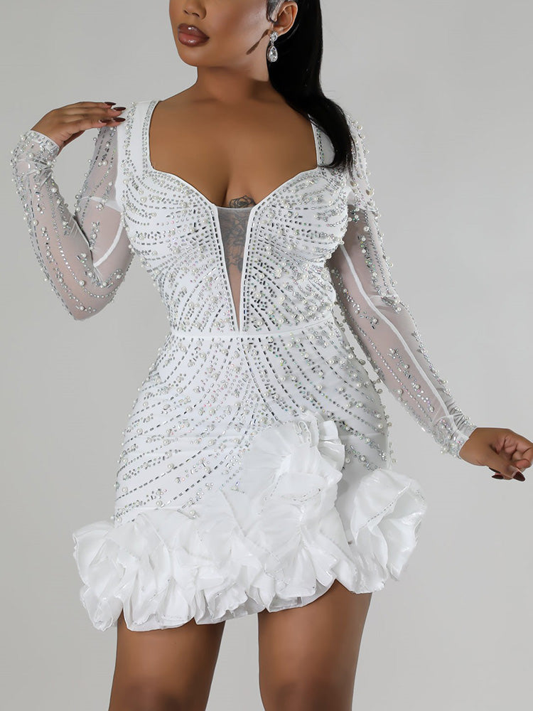 Rhinestone Pearl Ruffle Dress