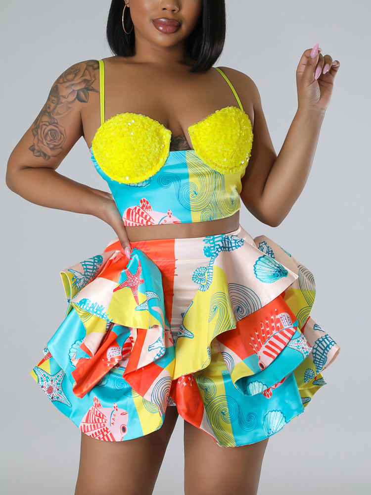 Sequin Sleeveless Tops Ruffles Skirt Sets - ECHOINE