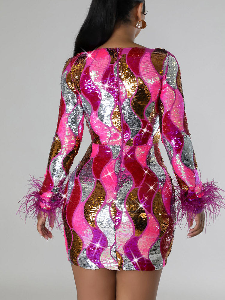 Sequin Feather Party Dress - ECHOINE