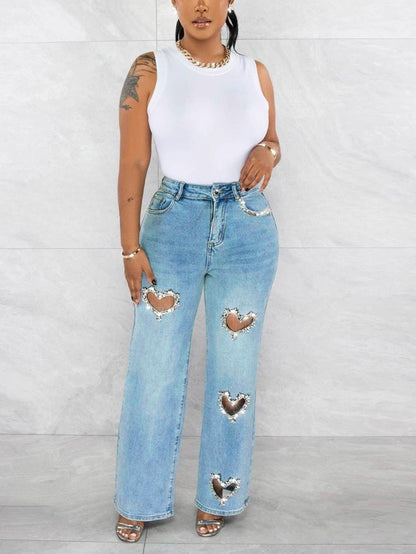 Rhinestones Heart Jeans