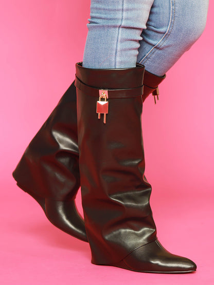 Lock & Key Leather Wedge Heel Boots