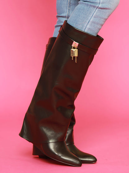 Lock & Key Leather Wedge Heel Boots