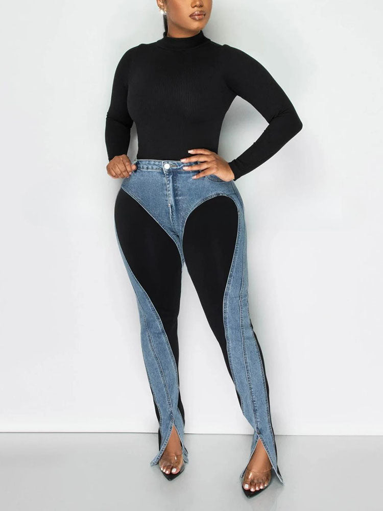 Denim Color Block Jeans - ECHOINE