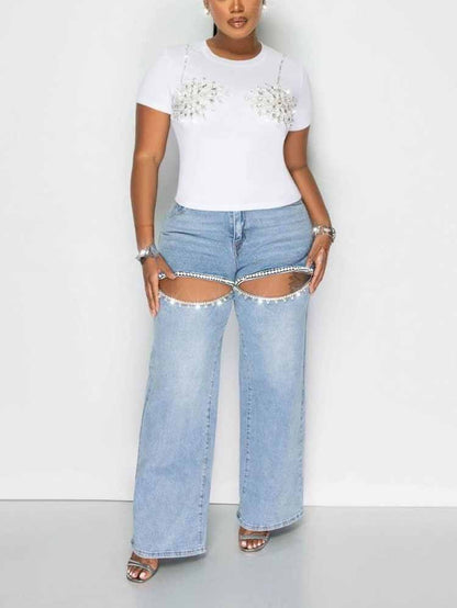 Rhinestone Cutout Jeans