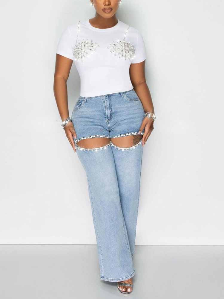 Rhinestone Cutout Jeans