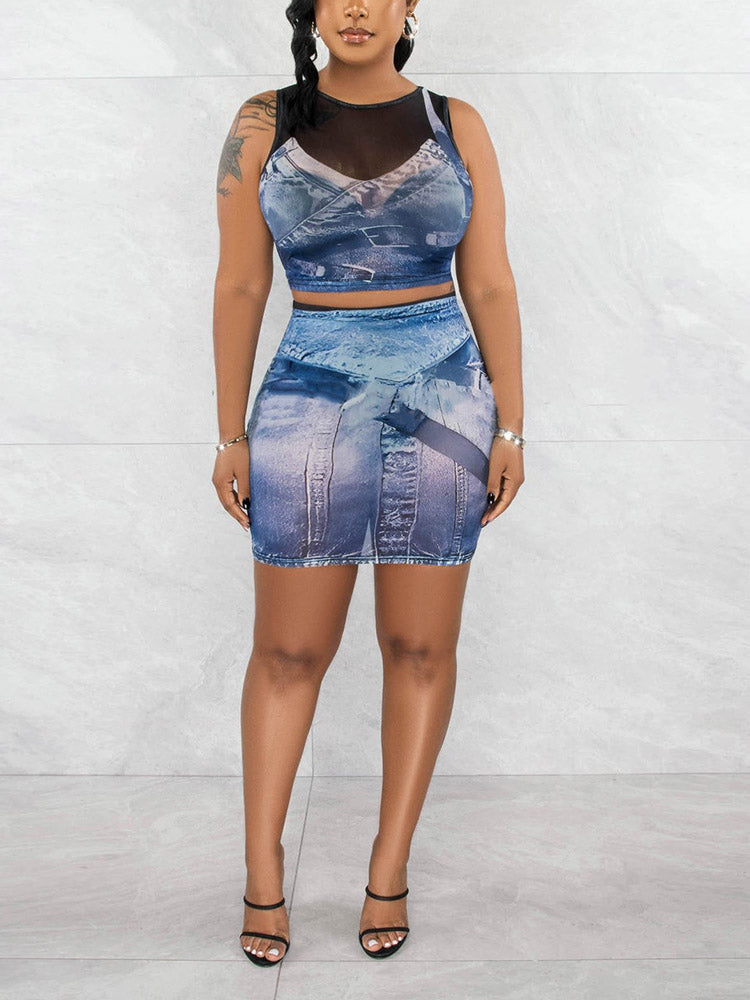 Mesh Printed Crop Top Mini Skirt Set - ECHOINE
