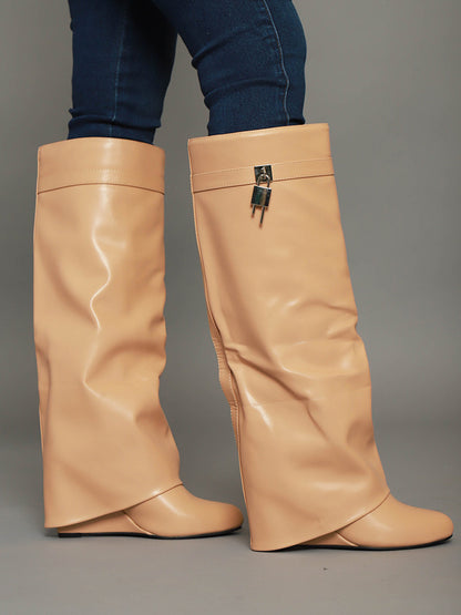 Lock & Key Leather Wedge Heel Boots