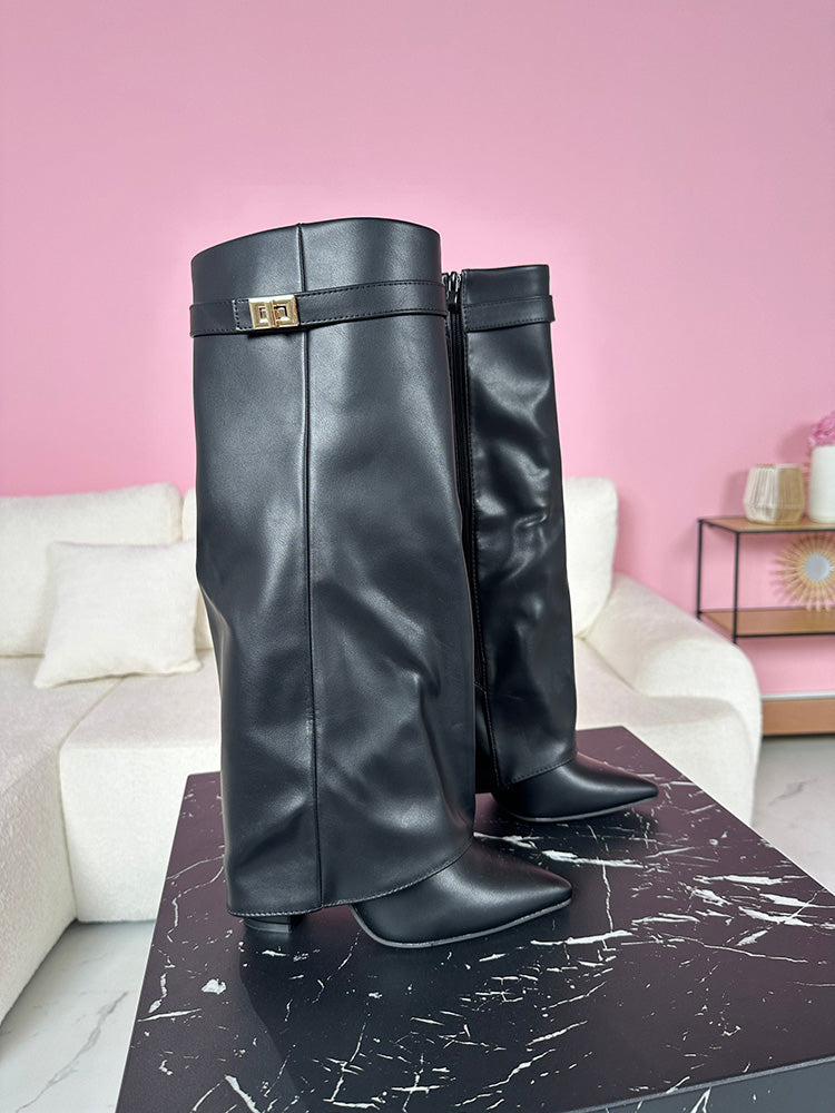 Fold Chunky Heel Knee High Boots