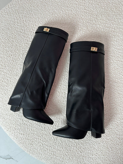 Fold Chunky Heel Knee High Boots