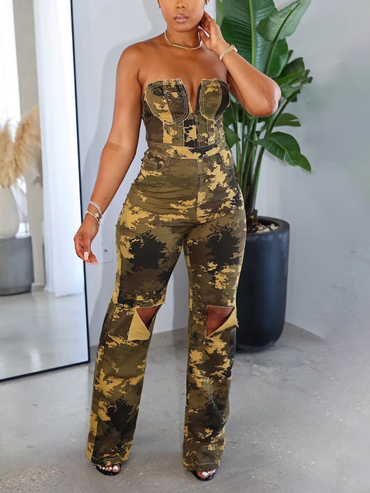 Ripped Strapless Camo Jumpsuit - ECHOINE